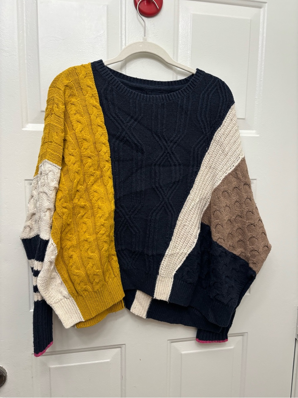 Anthropologie Maeve Colorblock Oversized Boxy Cable Knit Wool Sweater